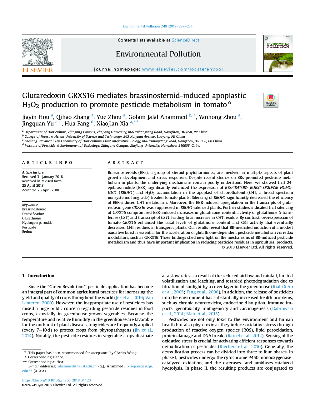 Glutaredoxin GRXS16 mediates brassinosteroid-induced apoplastic H2O2 production to promote pesticide metabolism in tomato