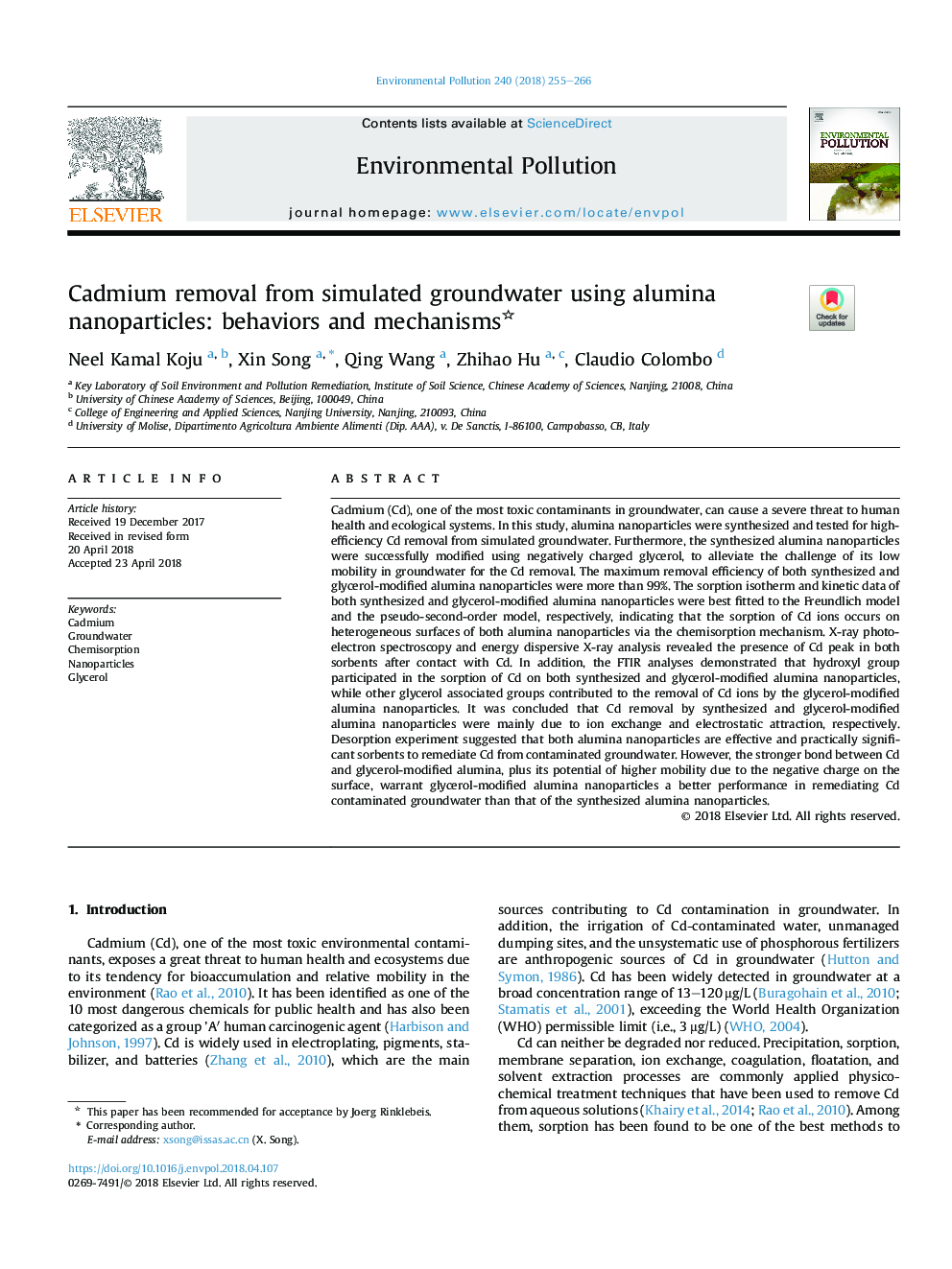 حذف کادمیوم از آبهای زیرزمینی شبیه سازی شده با استفاده از نانوذرات آلومینا: رفتارها و مکانیزم 