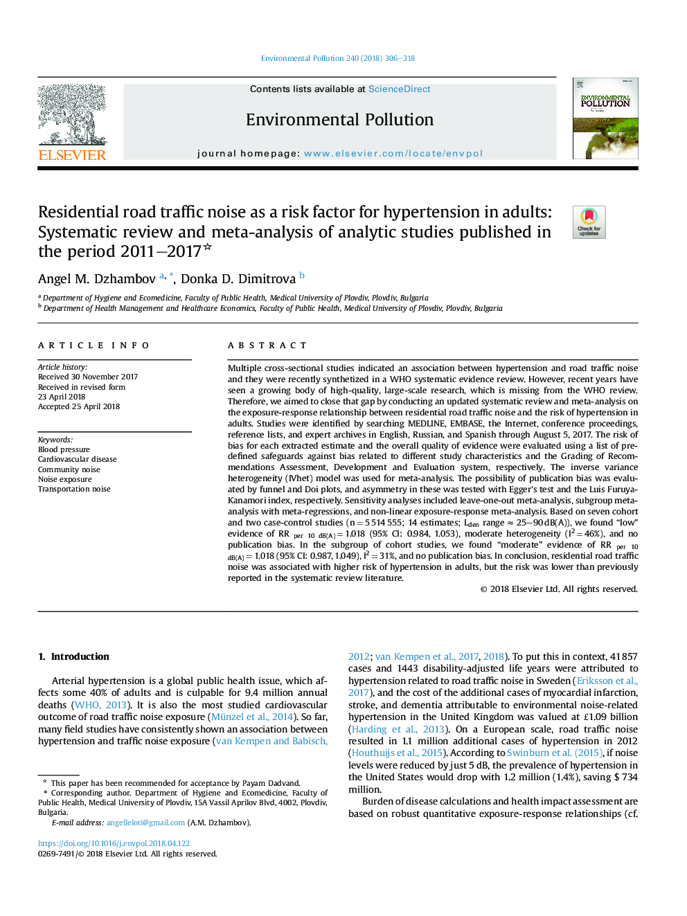 Residential road traffic noise as a risk factor for hypertension in adults: Systematic review and meta-analysis of analytic studies published in the period 2011-2017