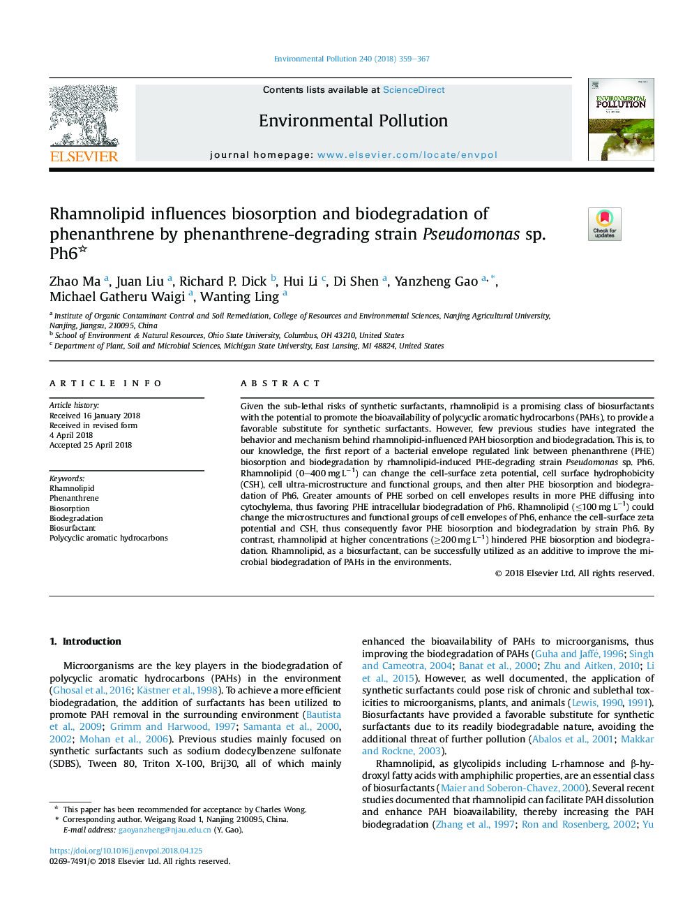 Rhamnolipid influences biosorption and biodegradation of phenanthrene by phenanthrene-degrading strain Pseudomonas sp. Ph6