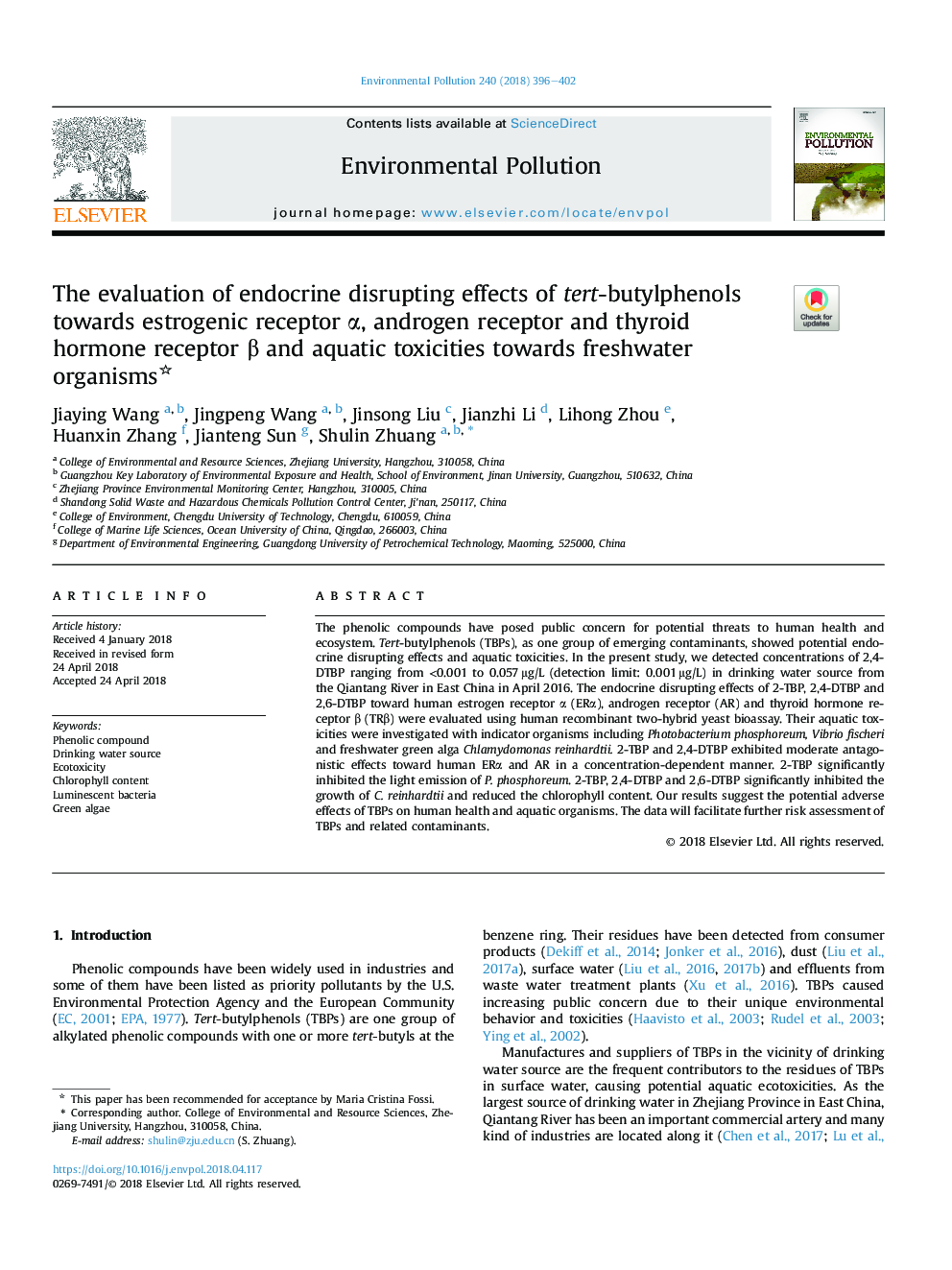 The evaluation of endocrine disrupting effects of tert-butylphenols towards estrogenic receptor Î±, androgen receptor and thyroid hormone receptor Î² and aquatic toxicities towards freshwater organisms