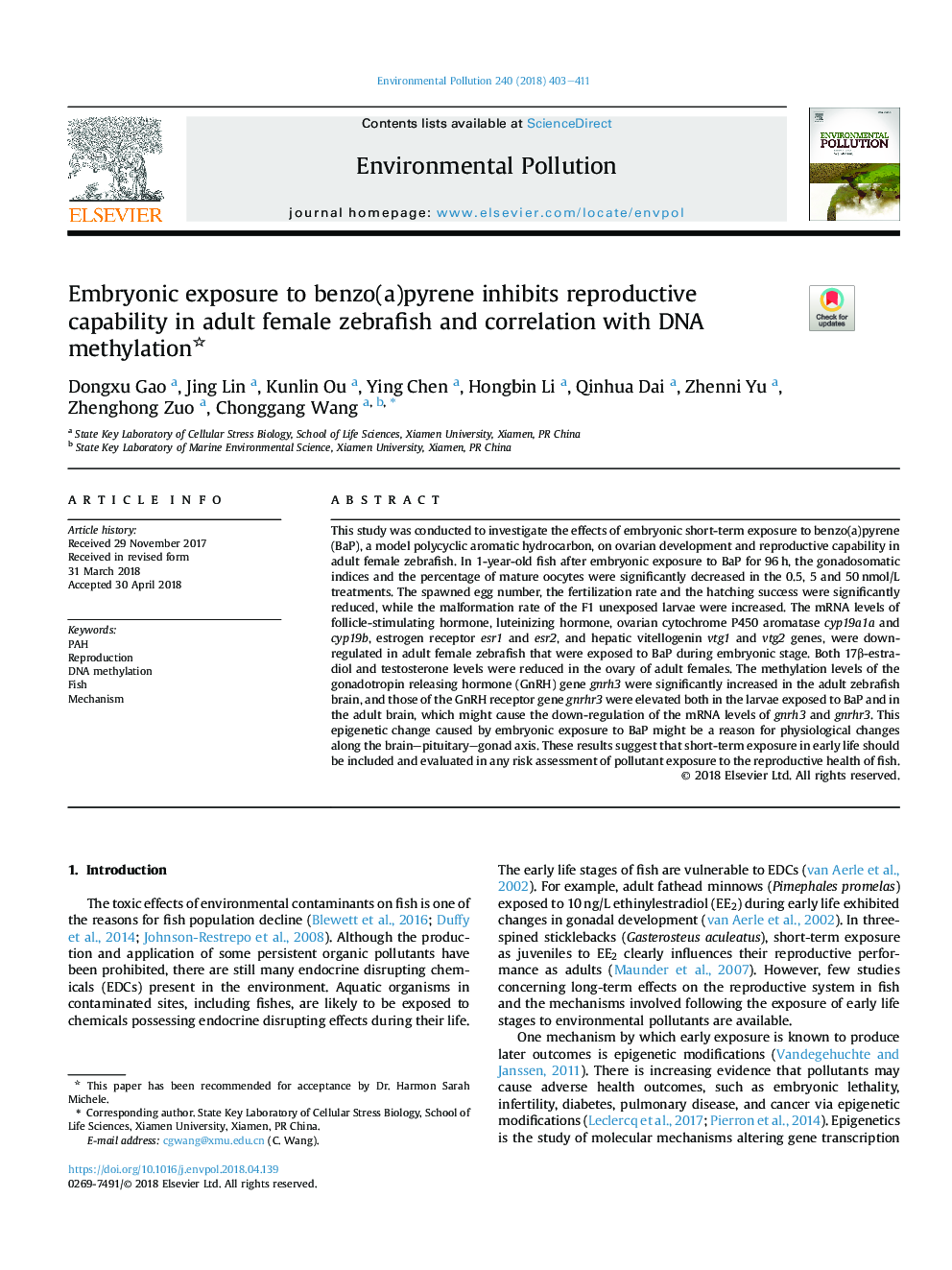 Embryonic exposure to benzo(a)pyrene inhibits reproductive capability in adult female zebrafish and correlation with DNA methylation