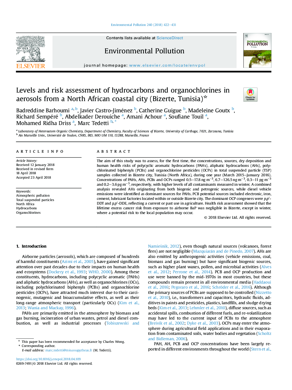 Levels and risk assessment of hydrocarbons and organochlorines in aerosols from a North African coastal city (Bizerte, Tunisia)