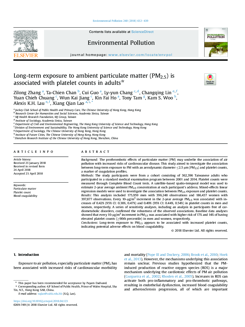 Long-term exposure to ambient particulate matter (PM2.5) is associated with platelet counts in adults