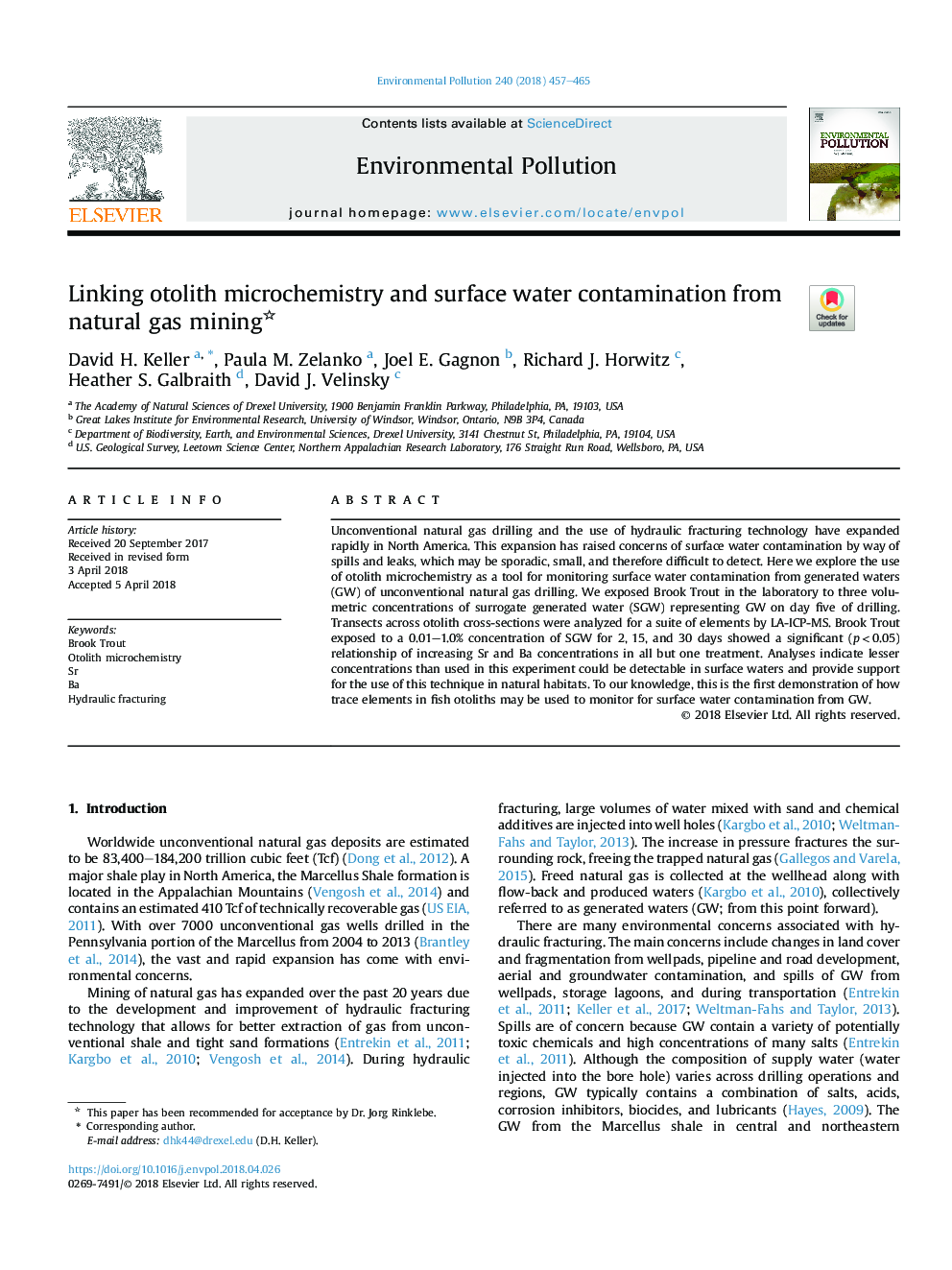 Linking otolith microchemistry and surface water contamination from natural gas mining