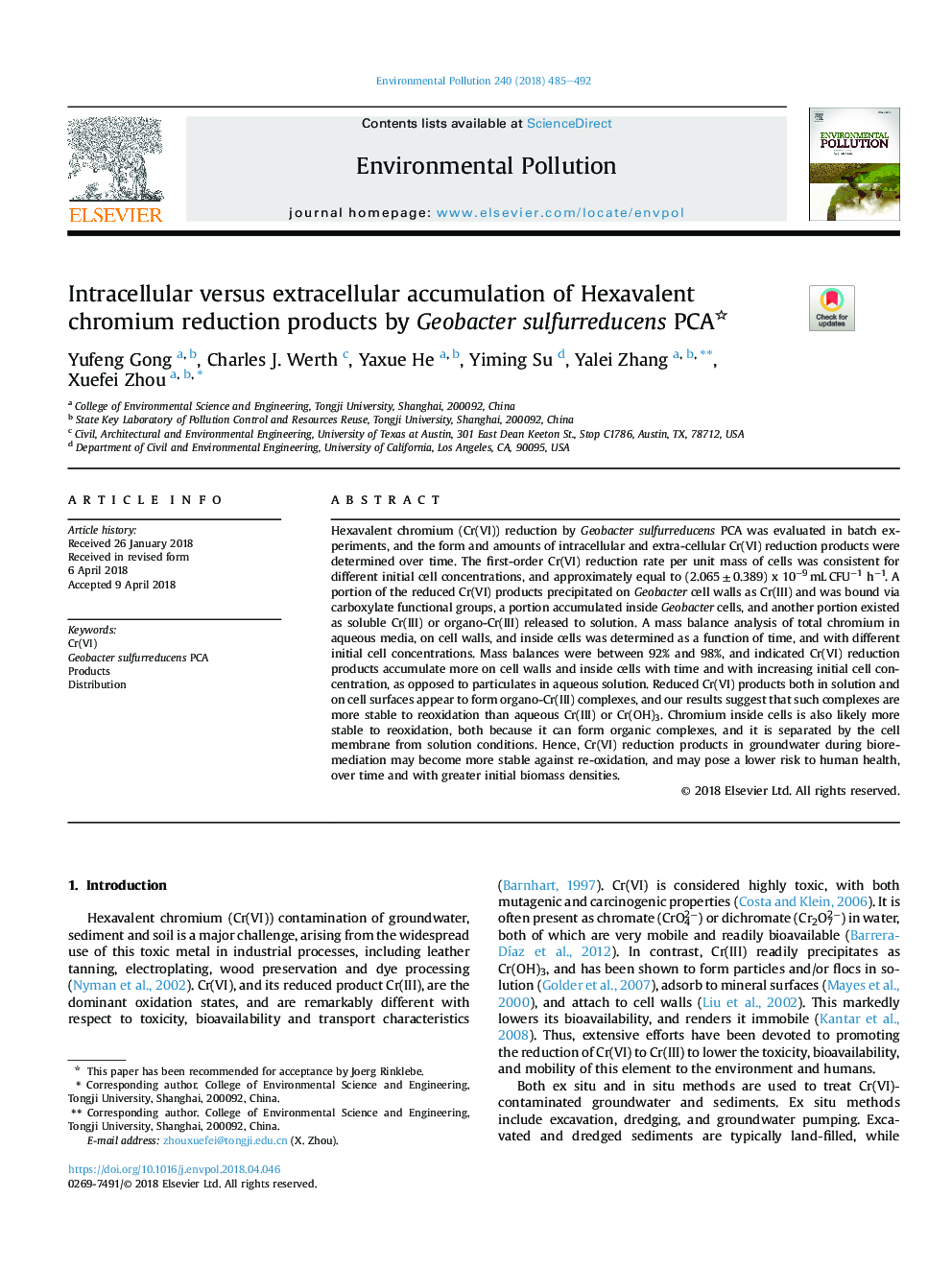 Intracellular versus extracellular accumulation of Hexavalent chromium reduction products by Geobacter sulfurreducens PCA