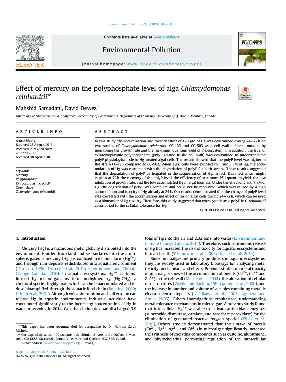 Effect of mercury on the polyphosphate level of alga Chlamydomonas reinhardtii