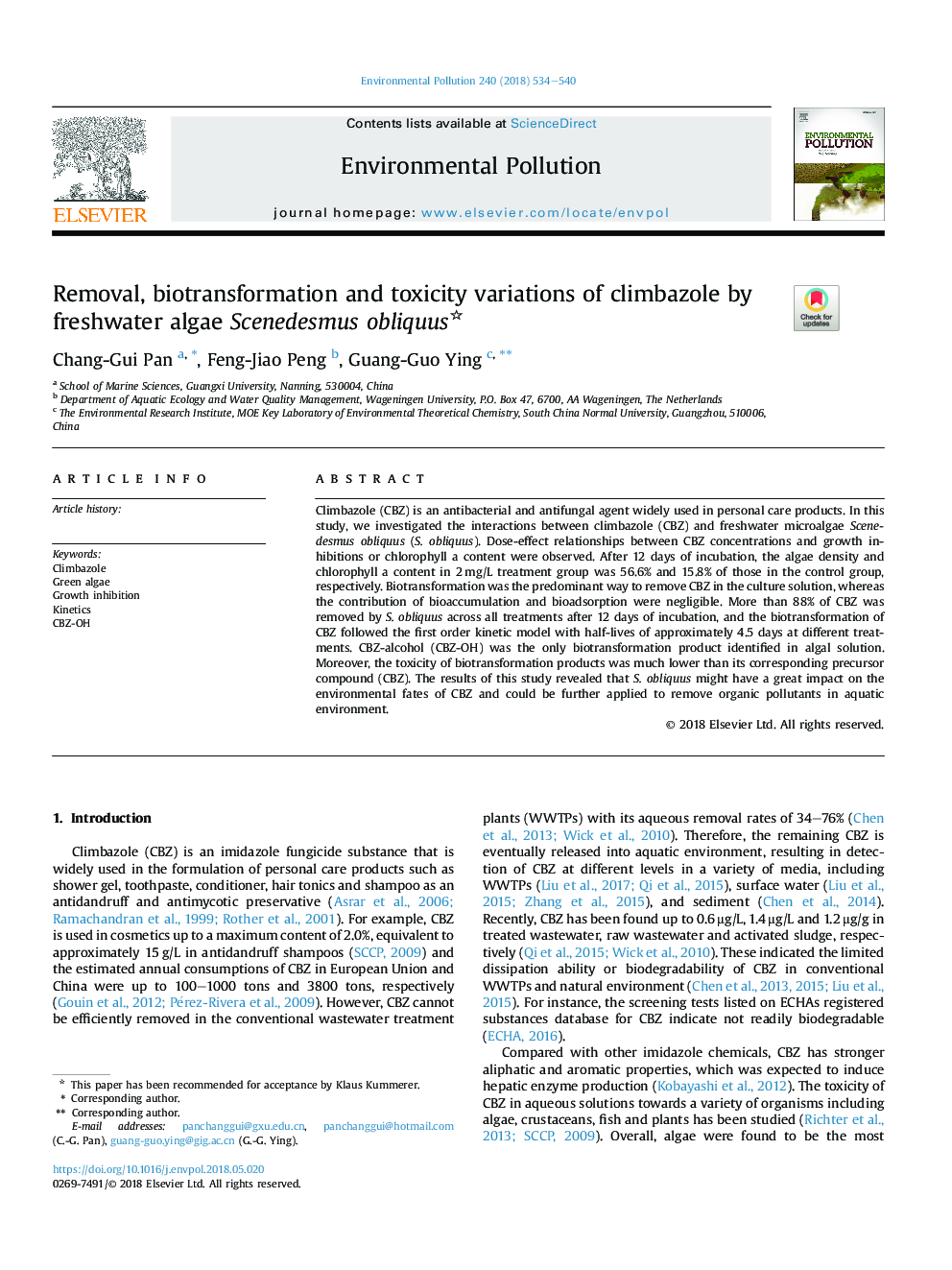 Removal, biotransformation and toxicity variations of climbazole by freshwater algae Scenedesmus obliquus