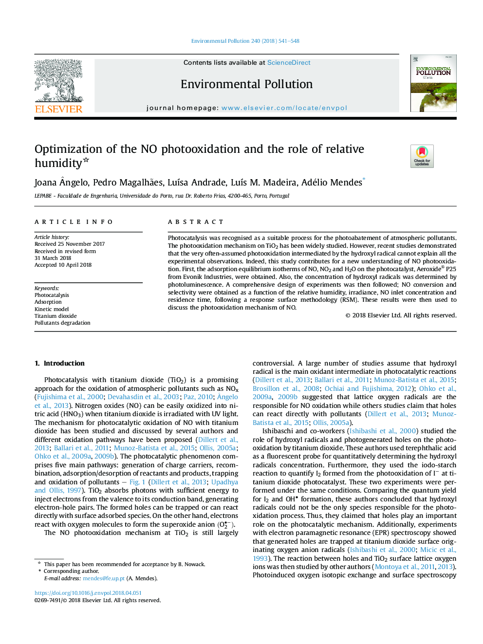 عکس صفحه اول مقاله: Optimization of the NO photooxidation and the role of relative humidity Optimization of the NO photooxidation and the role of relative humidity