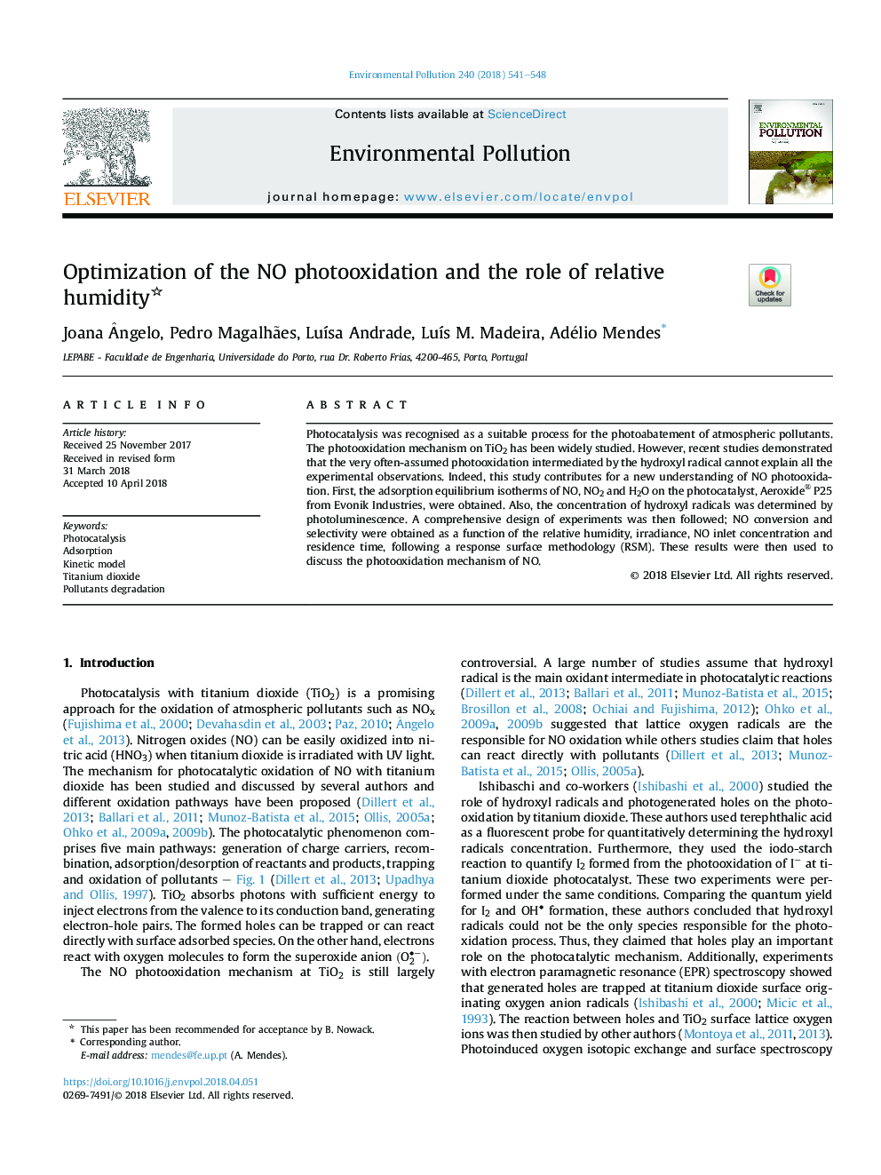 Optimization of the NO photooxidation and the role of relative humidity