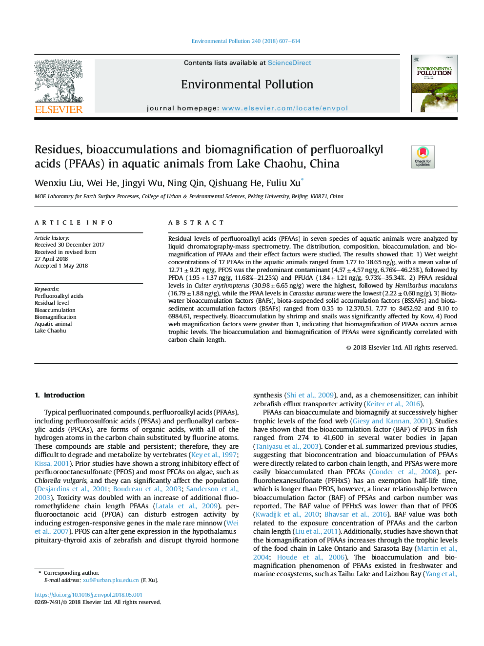 Residues, bioaccumulations and biomagnification of perfluoroalkyl acids (PFAAs) in aquatic animals from Lake Chaohu, China