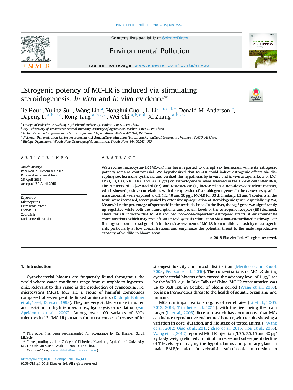 Estrogenic potency of MC-LR is induced via stimulating steroidogenesis: InÂ vitro and inÂ vivo evidence