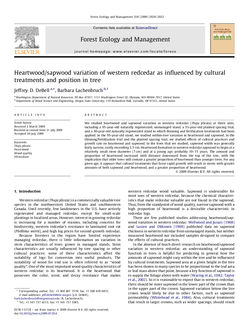 Heartwood/sapwood variation of western redcedar as influenced by cultural treatments and position in tree