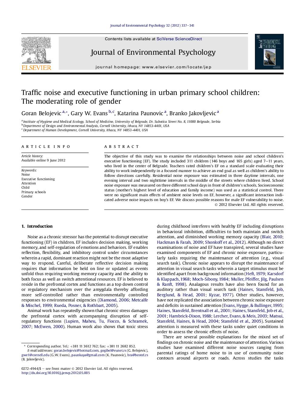 Traffic noise and executive functioning in urban primary school children: The moderating role of gender