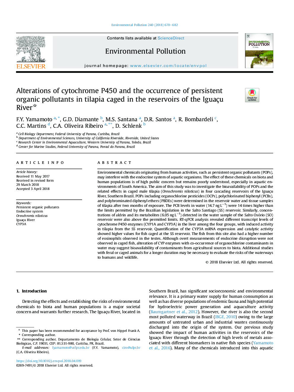 Alterations of cytochrome P450 and the occurrence of persistent organic pollutants in tilapia caged in the reservoirs of the Iguaçu River