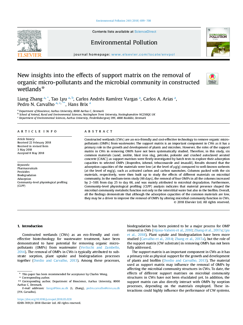 New insights into the effects of support matrix on the removal of organic micro-pollutants and the microbial community in constructed wetlands