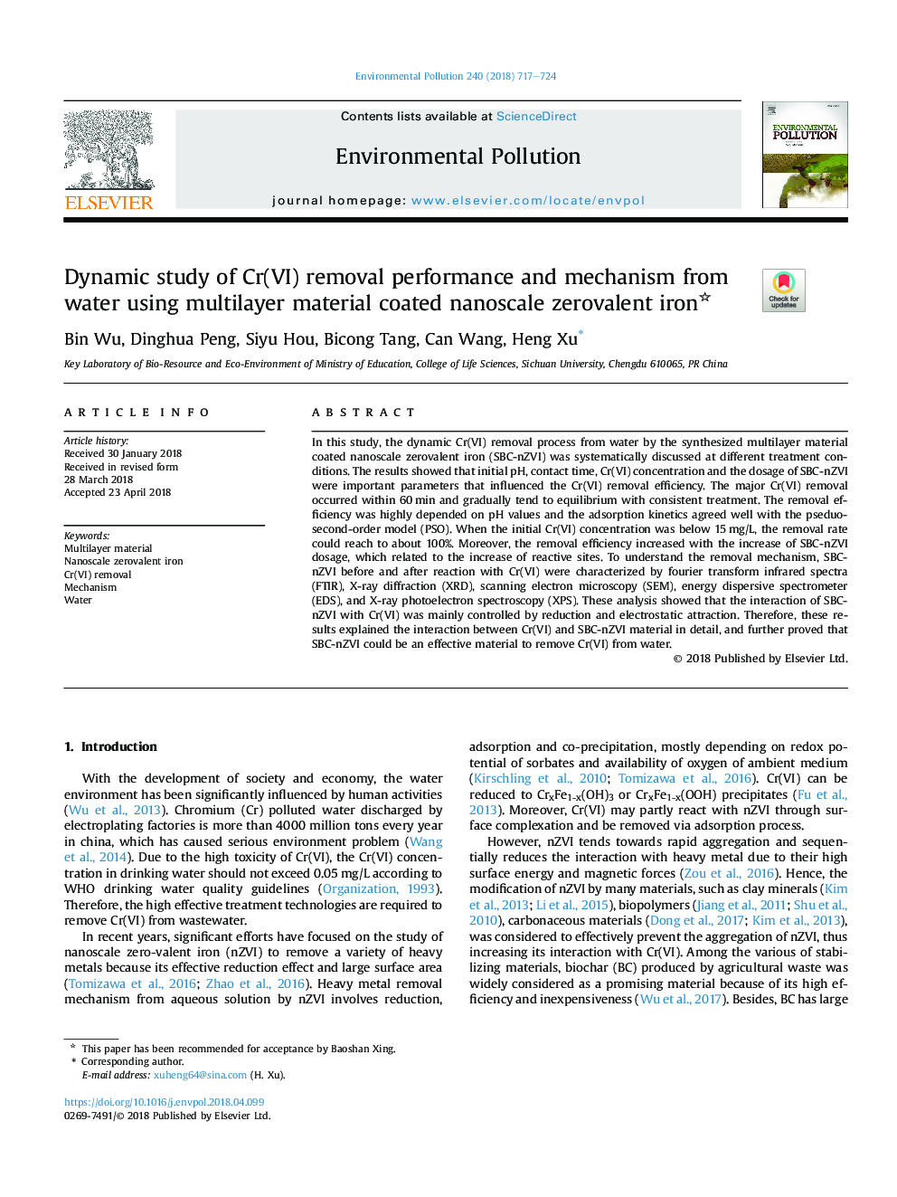 Dynamic study of Cr(VI) removal performance and mechanism from water using multilayer material coated nanoscale zerovalent iron