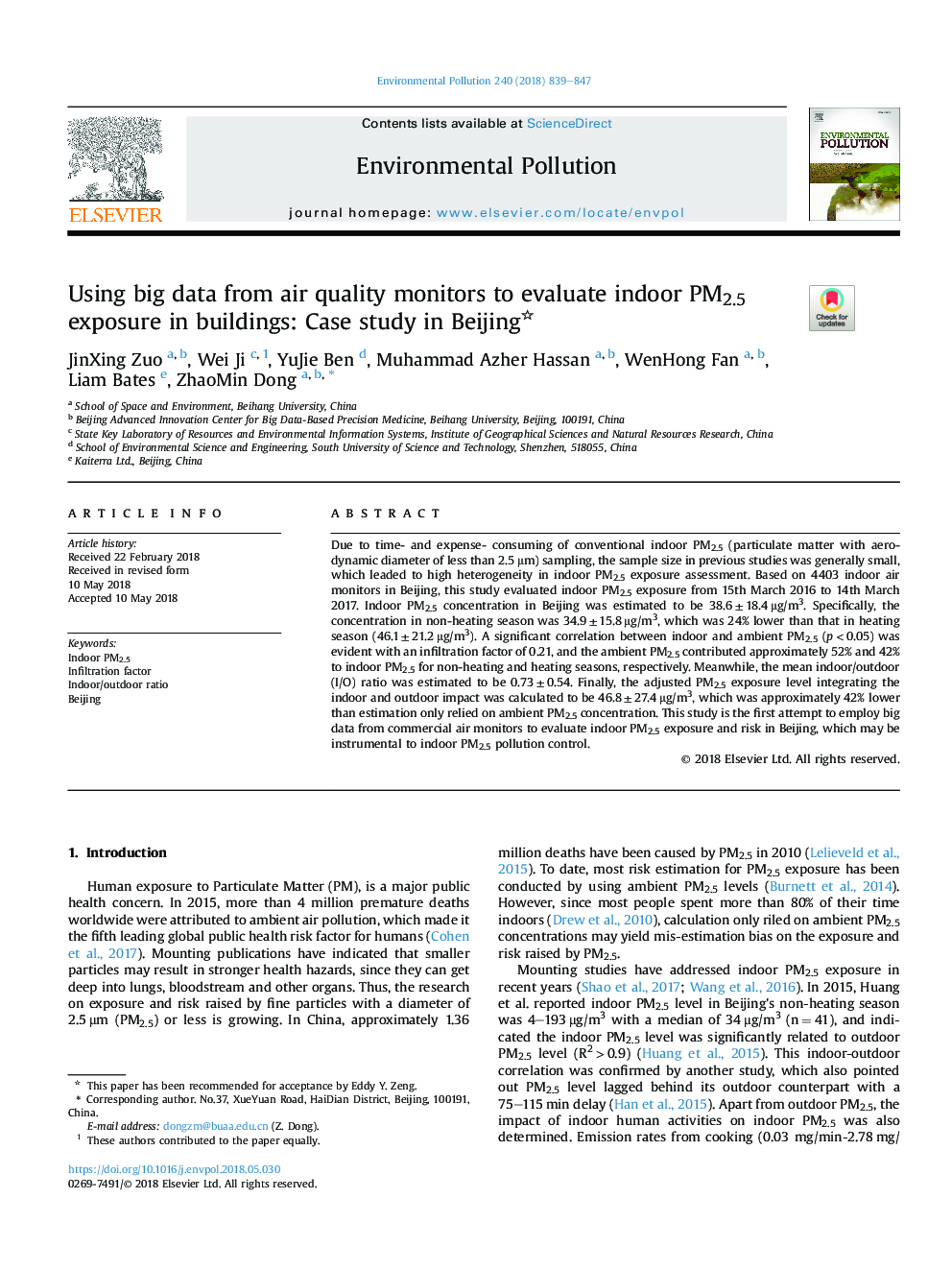 Using big data from air quality monitors to evaluate indoor PM2.5 exposure in buildings: Case study in Beijing