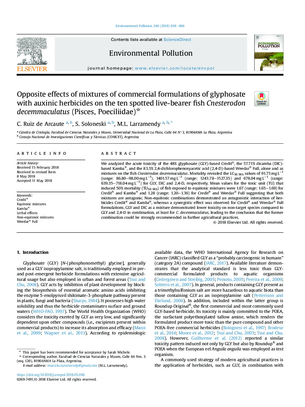 Opposite effects of mixtures of commercial formulations of glyphosate with auxinic herbicides on the ten spotted live-bearer fish Cnesterodon decemmaculatus (Pisces, Poeciliidae)