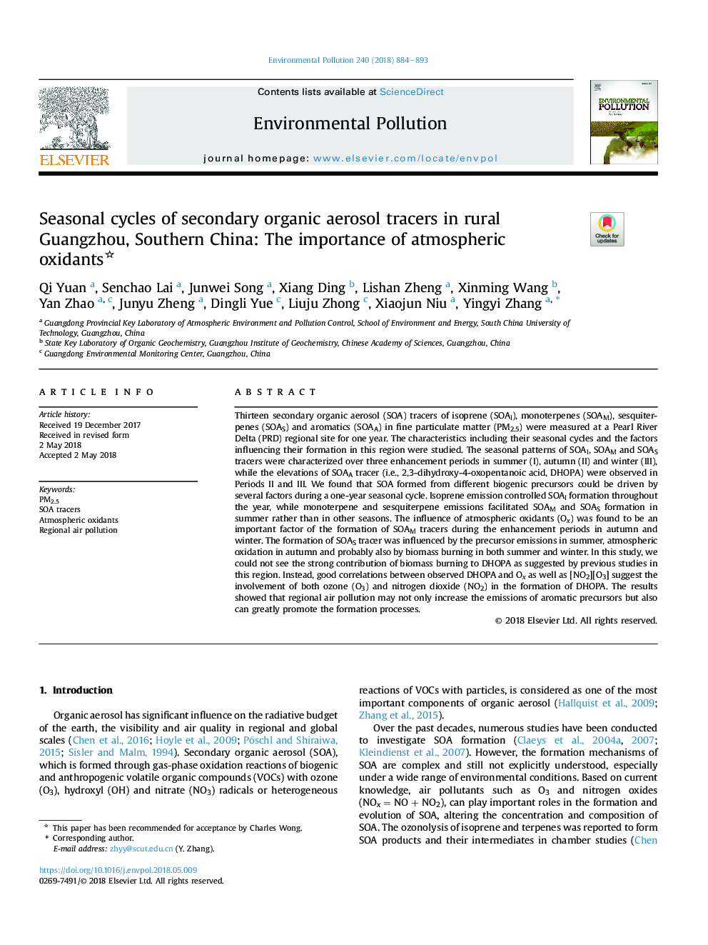 Seasonal cycles of secondary organic aerosol tracers in rural Guangzhou, Southern China: The importance of atmospheric oxidants