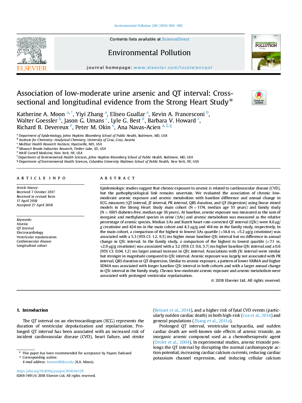 Association of low-moderate urine arsenic and QT interval: Cross-sectional and longitudinal evidence from the Strong Heart Study