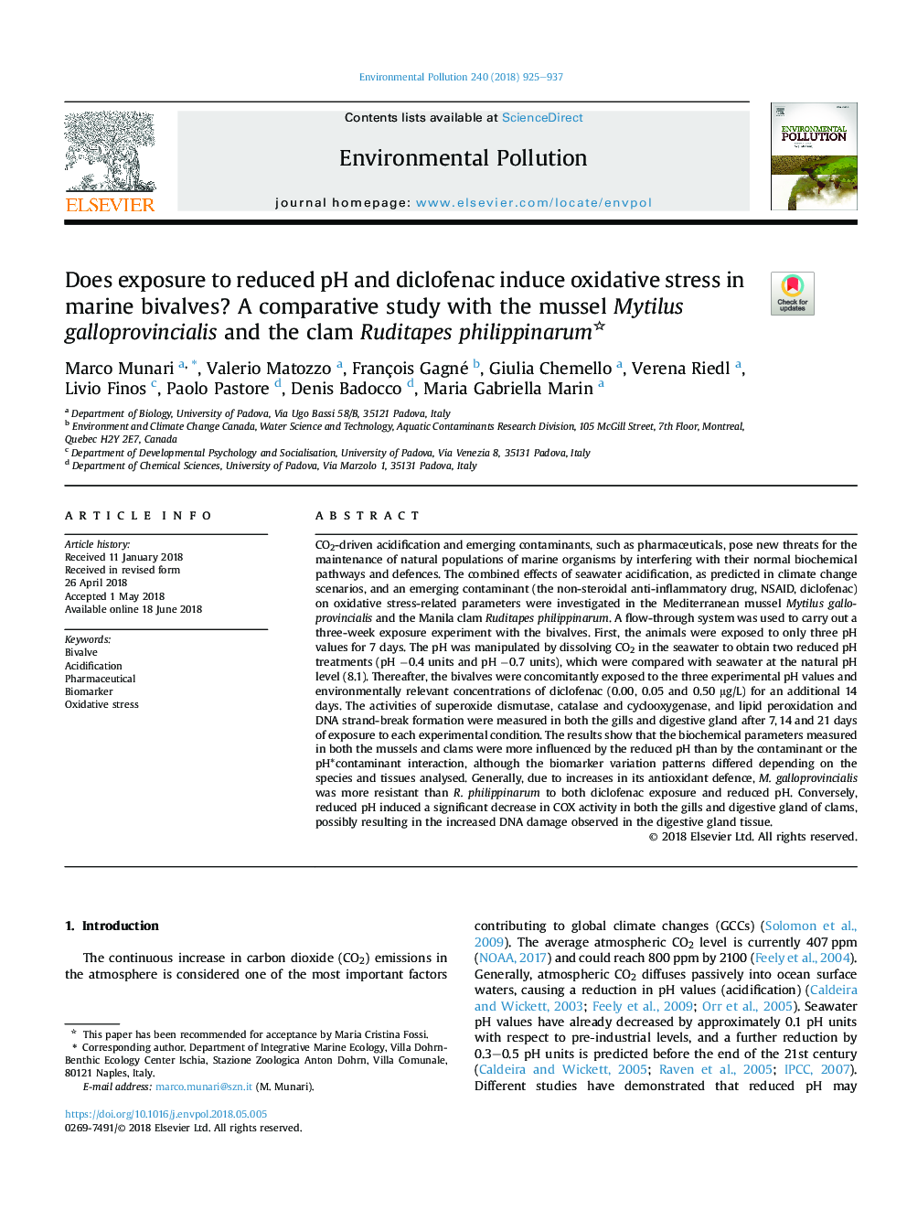 Does exposure to reduced pH and diclofenac induce oxidative stress in marine bivalves? A comparative study with the mussel Mytilus galloprovincialis and the clam Ruditapes philippinarum