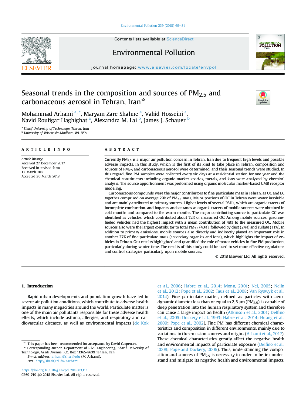 عکس صفحه اول مقاله: Seasonal trends in the composition and sources of PM2.5 and carbonaceous aerosol in Tehran, Iran Seasonal trends in the composition and sources of PM2.5 and carbonaceous aerosol in Tehran, Iran