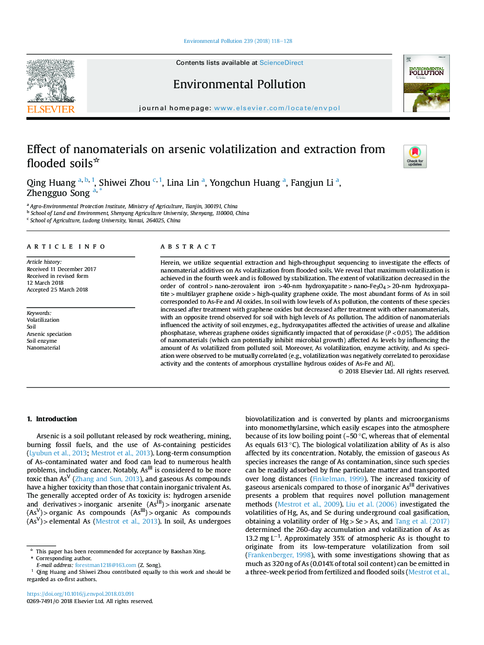 Effect of nanomaterials on arsenic volatilization and extraction from flooded soils