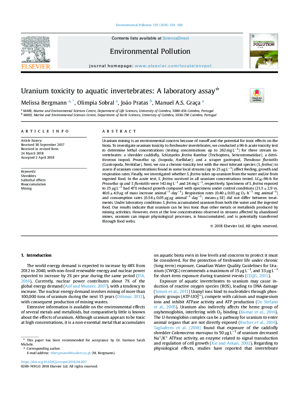 Uranium toxicity to aquatic invertebrates: A laboratory assay