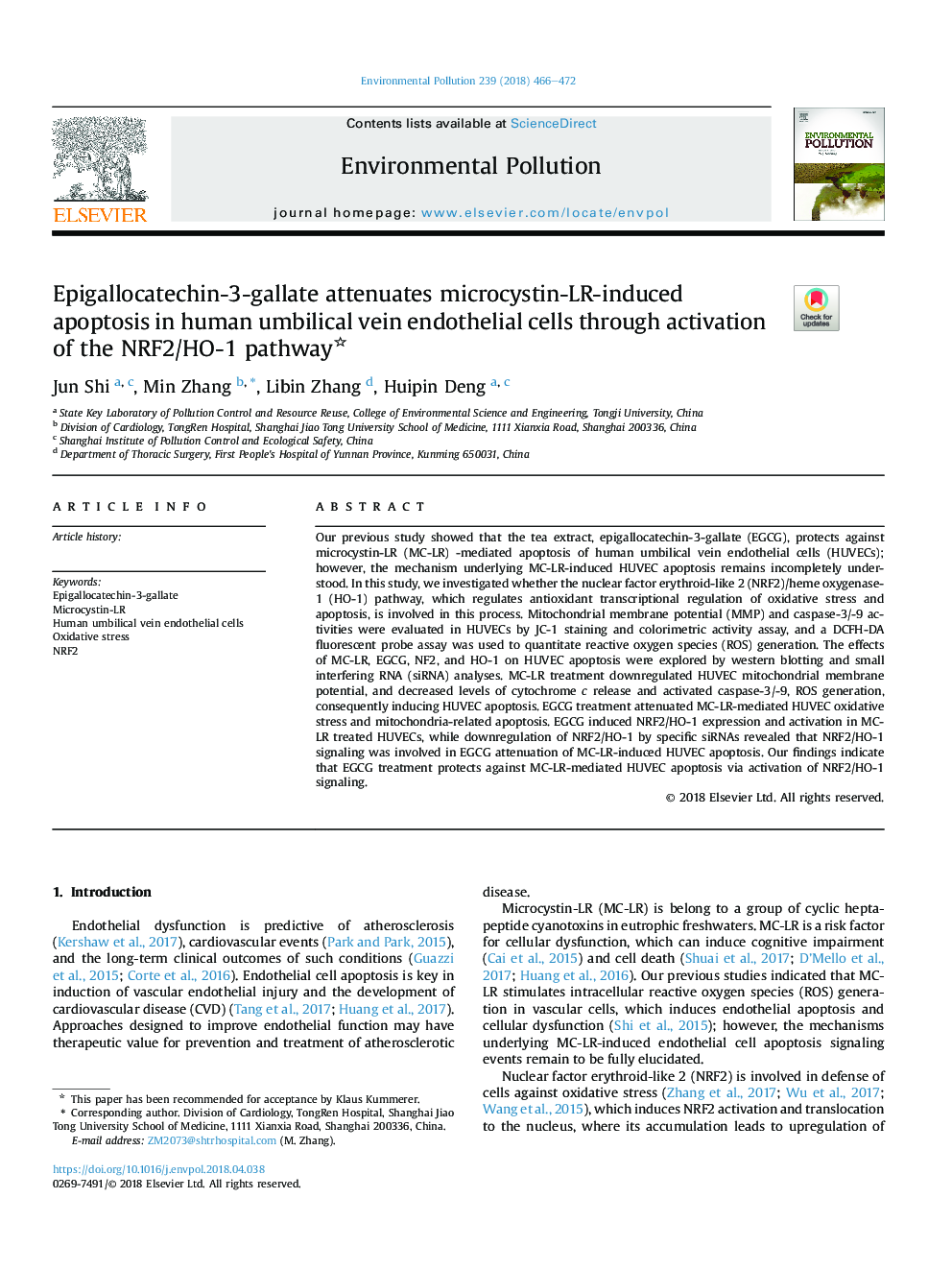 Epigallocatechin-3-gallate attenuates microcystin-LR-induced apoptosis in human umbilical vein endothelial cells through activation of the NRF2/HO-1 pathway