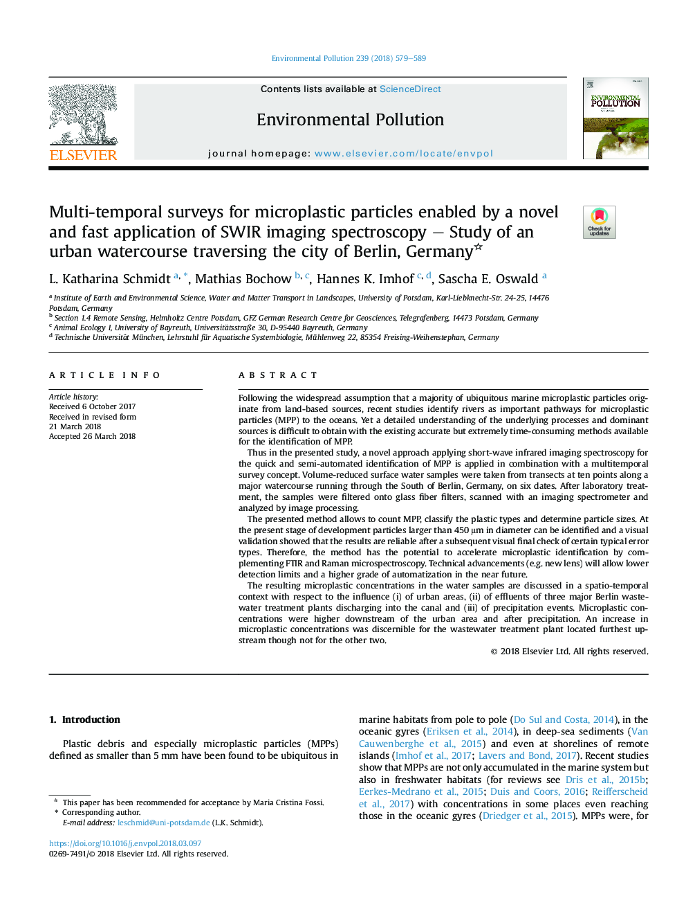 عکس صفحه اول مقاله: Multi-temporal surveys for microplastic particles enabled by a novel and fast application of SWIR imaging spectroscopy - Study of an urban watercourse traversing the city of Berlin, Germany Multi-temporal surveys for microplastic particles enabled by a novel and fast application of SWIR imaging spectroscopy - Study of an urban watercourse traversing the city of Berlin, Germany
