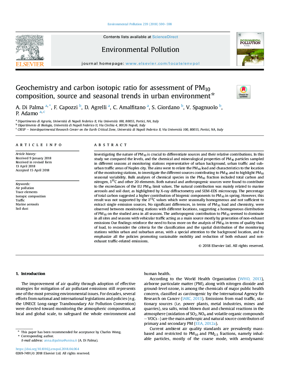 Geochemistry and carbon isotopic ratio for assessment of PM10 composition, source and seasonal trends in urban environment