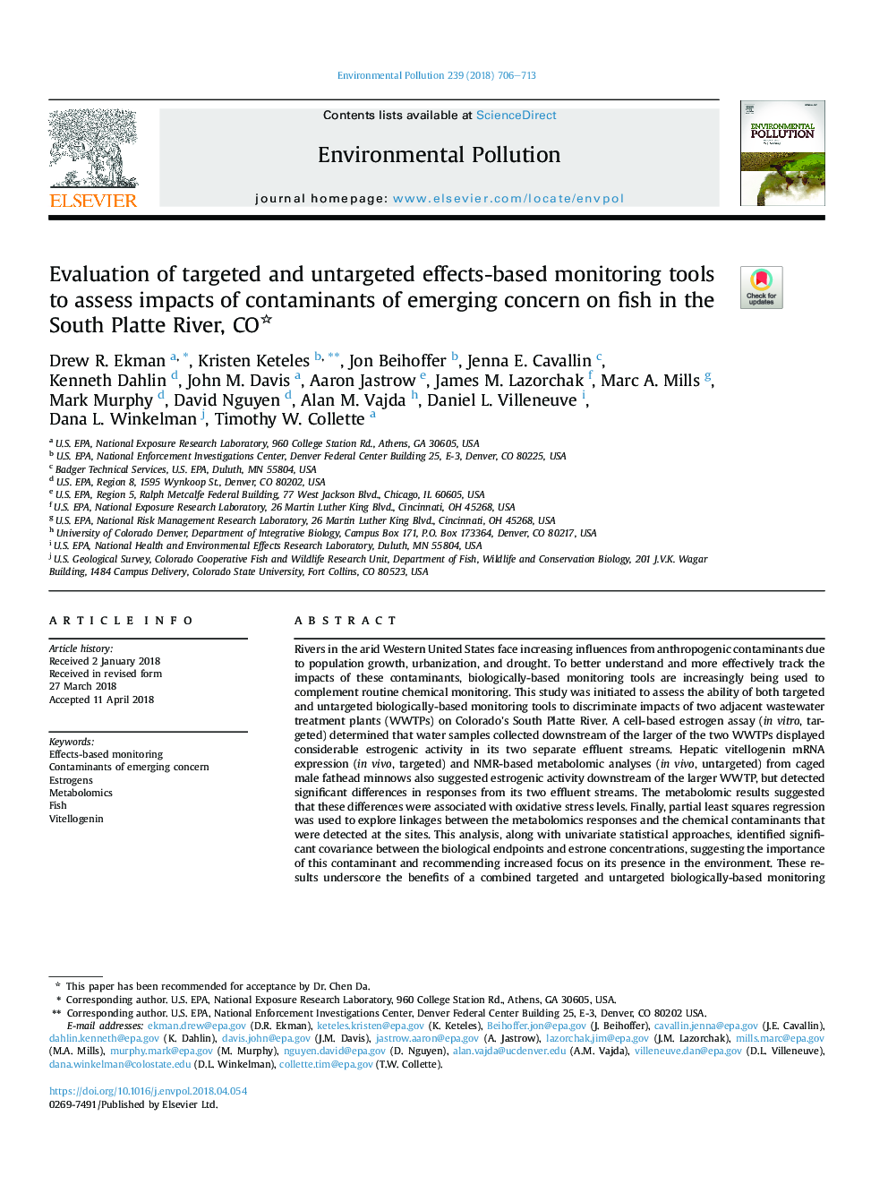 عکس صفحه اول مقاله: Evaluation of targeted and untargeted effects-based monitoring tools to assess impacts of contaminants of emerging concern on fish in the South Platte River, CO Evaluation of targeted and untargeted effects-based monitoring tools to assess impacts of contaminants of emerging concern on fish in the South Platte River, CO