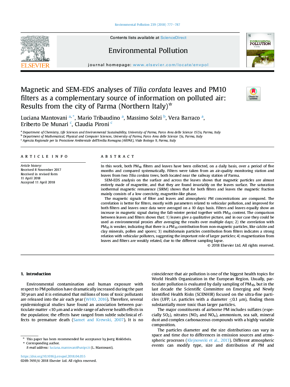 عکس صفحه اول مقاله: Magnetic and SEM-EDS analyses of Tilia cordata leaves and PM10 filters as a complementary source of information on polluted air: Results from the city of Parma (Northern Italy) Magnetic and SEM-EDS analyses of Tilia cordata leaves and PM10 filters as a complementary source of information on polluted air: Results from the city of Parma (Northern Italy)