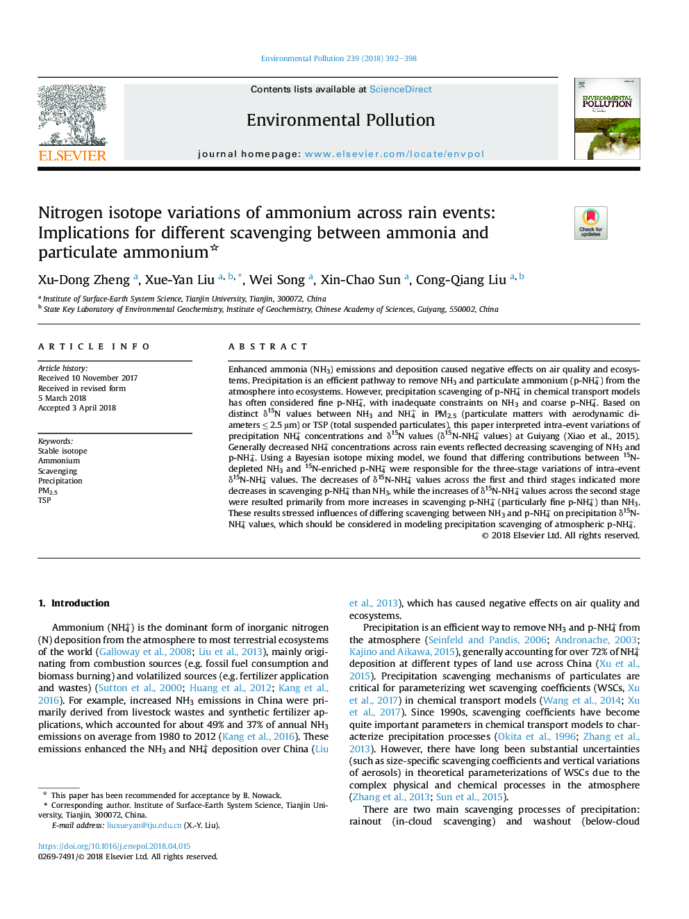 Nitrogen isotope variations of ammonium across rain events: Implications for different scavenging between ammonia and particulate ammonium