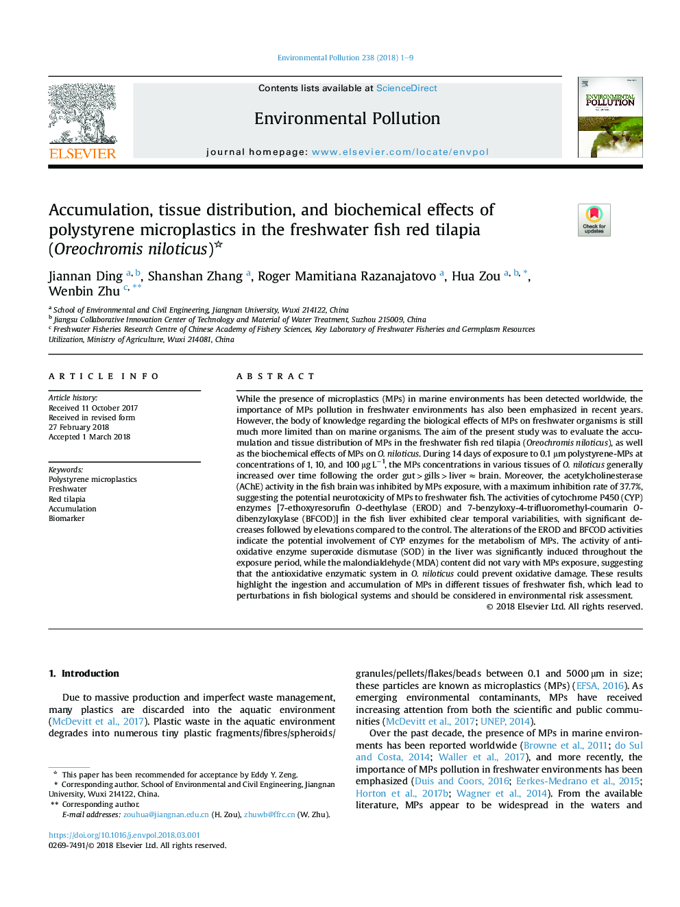 Accumulation, tissue distribution, and biochemical effects of polystyrene microplastics in the freshwater fish red tilapia (Oreochromis niloticus)