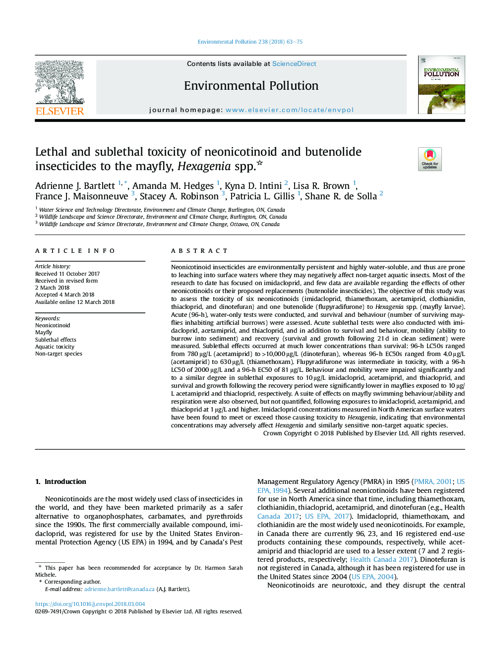 Lethal and sublethal toxicity of neonicotinoid and butenolide insecticides to the mayfly, Hexagenia spp.