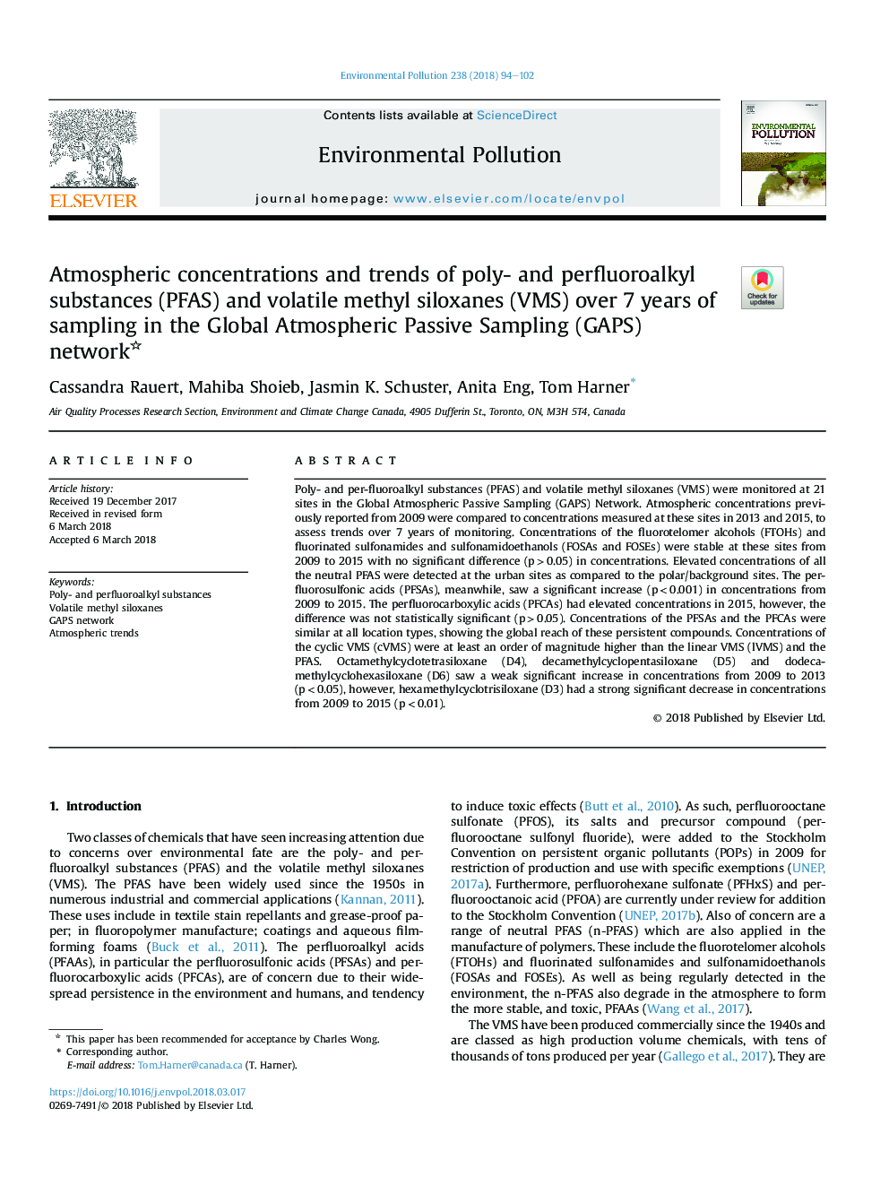 Atmospheric concentrations and trends of poly- and perfluoroalkyl substances (PFAS) and volatile methyl siloxanes (VMS) over 7 years of sampling in the Global Atmospheric Passive Sampling (GAPS) network