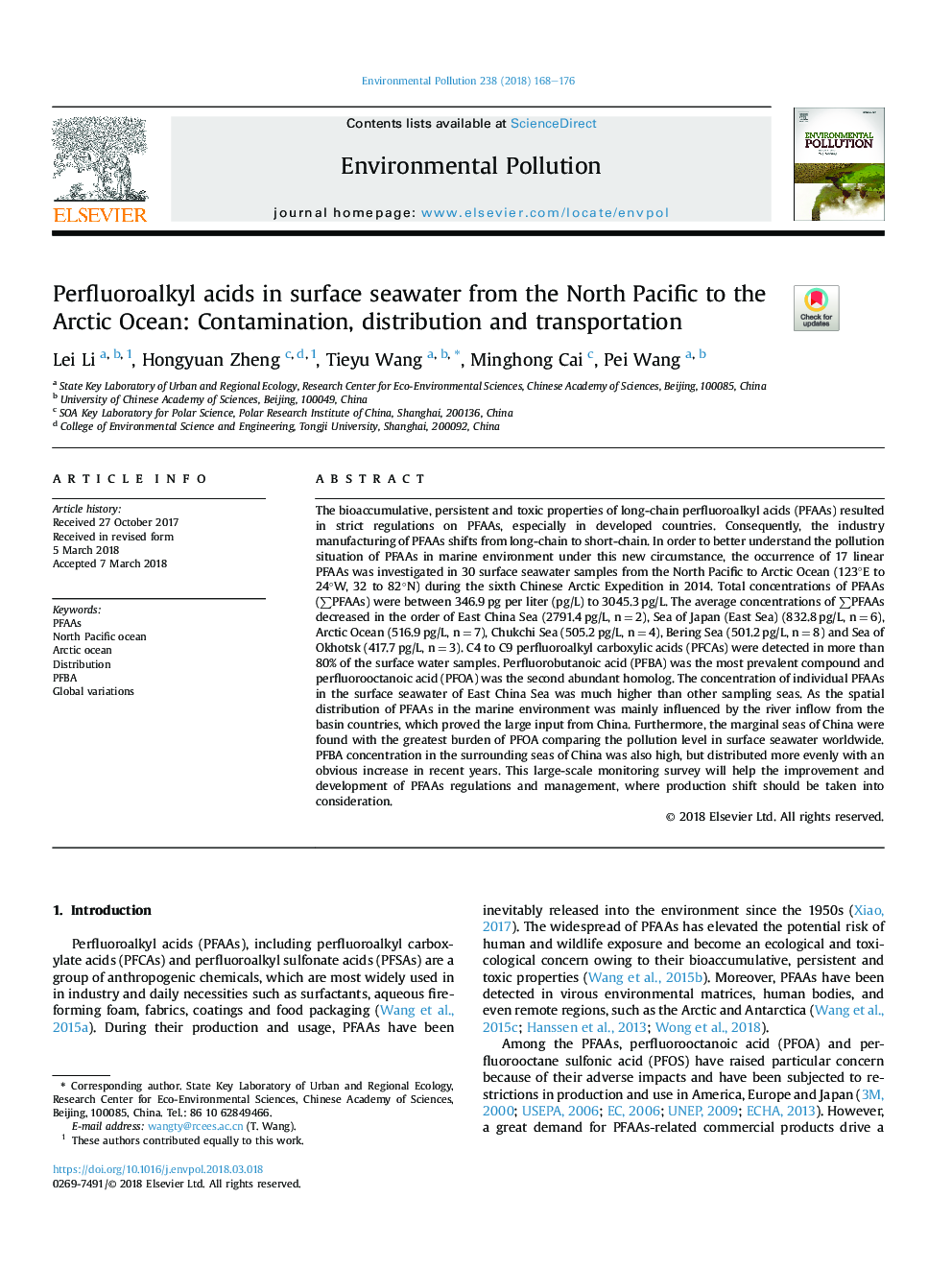 Perfluoroalkyl acids in surface seawater from the North Pacific to the Arctic Ocean: Contamination, distribution and transportation