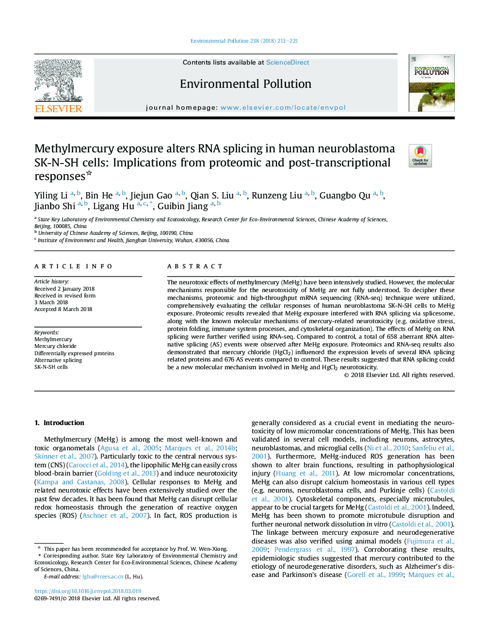 Methylmercury exposure alters RNA splicing in human neuroblastoma SK-N-SH cells: Implications from proteomic and post-transcriptional responses