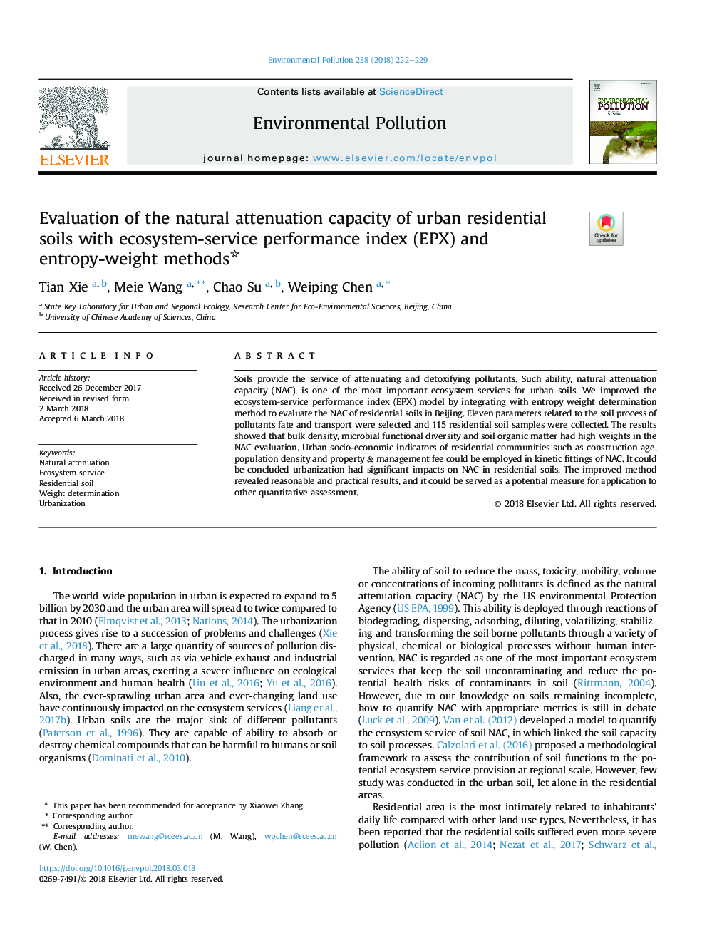 Evaluation of the natural attenuation capacity of urban residential soils with ecosystem-service performance index (EPX) and entropy-weight methods