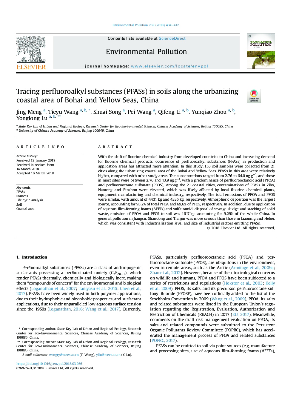 Tracing perfluoroalkyl substances (PFASs) in soils along the urbanizing coastal area of Bohai and Yellow Seas, China