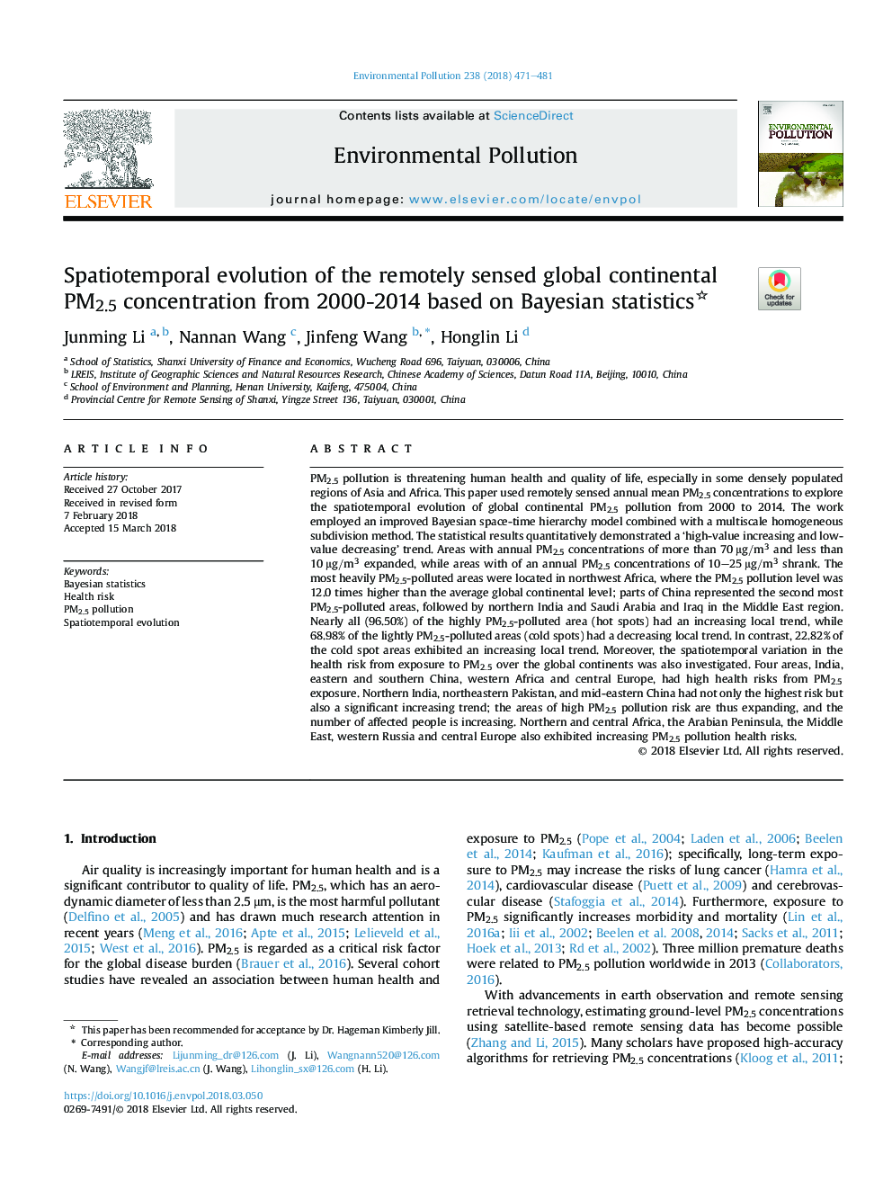 Spatiotemporal evolution of the remotely sensed global continental PM2.5 concentration from 2000-2014 based on Bayesian statistics