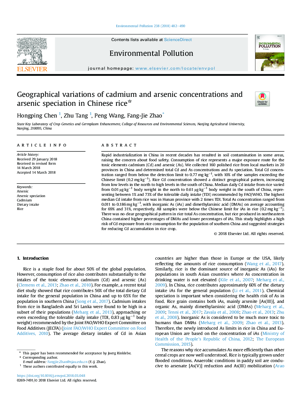 Geographical variations of cadmium and arsenic concentrations and arsenic speciation in Chinese rice