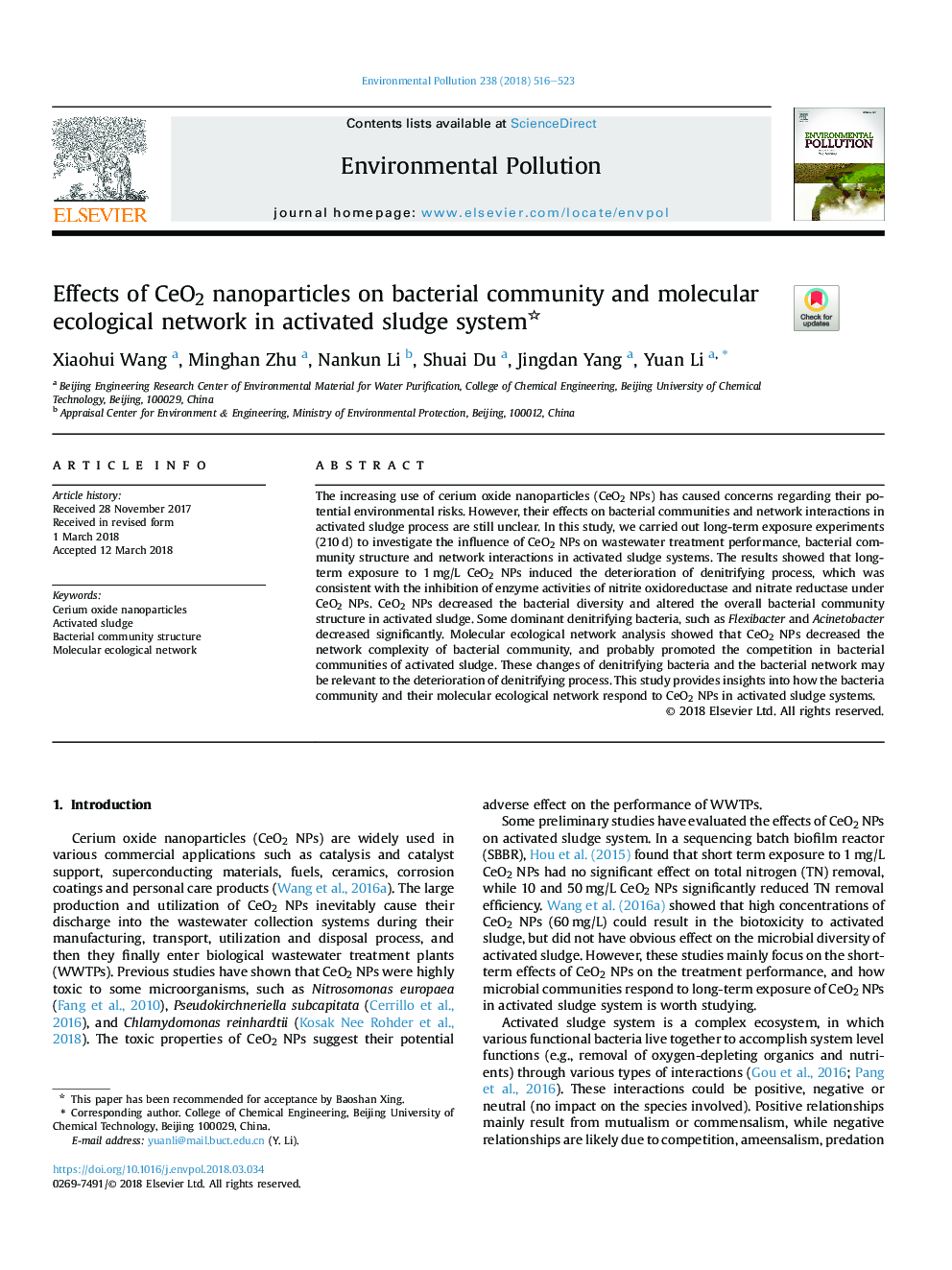 Effects of CeO2 nanoparticles on bacterial community and molecular ecological network in activated sludge system