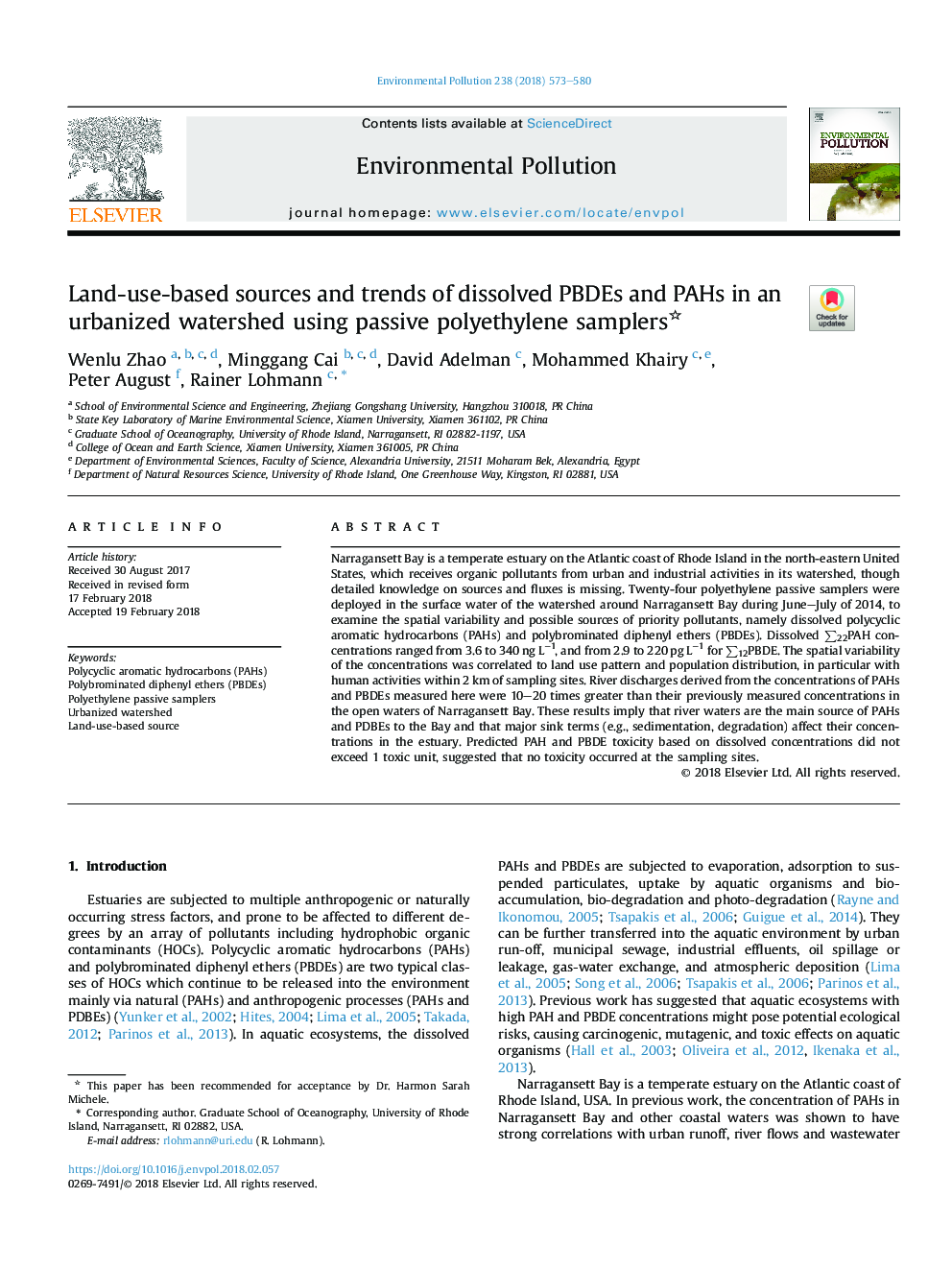 Land-use-based sources and trends of dissolved PBDEs and PAHs in an urbanized watershed using passive polyethylene samplers