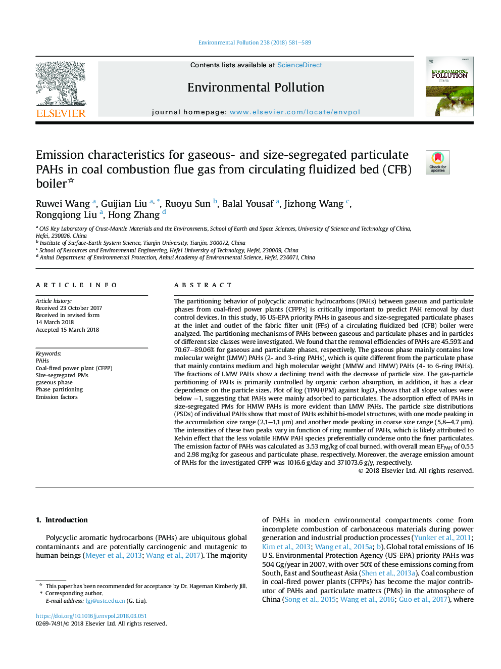 Emission characteristics for gaseous- and size-segregated particulate PAHs in coal combustion flue gas from circulating fluidized bed (CFB) boiler