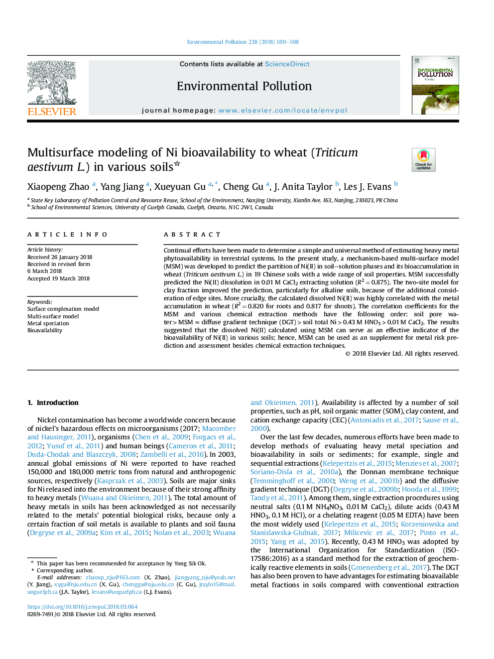 Multisurface modeling of Ni bioavailability to wheat (Triticum aestivum L.) in various soils