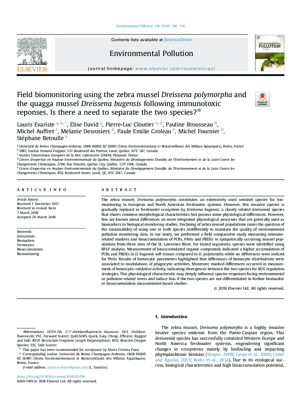 Field biomonitoring using the zebra mussel Dreissena polymorpha and the quagga mussel Dreissena bugensis following immunotoxic reponses. Is there a need to separate the two species?