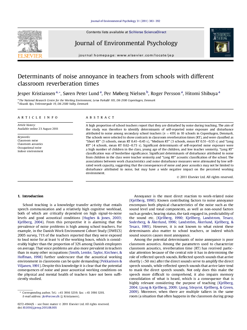 Determinants of noise annoyance in teachers from schools with different classroom reverberation times